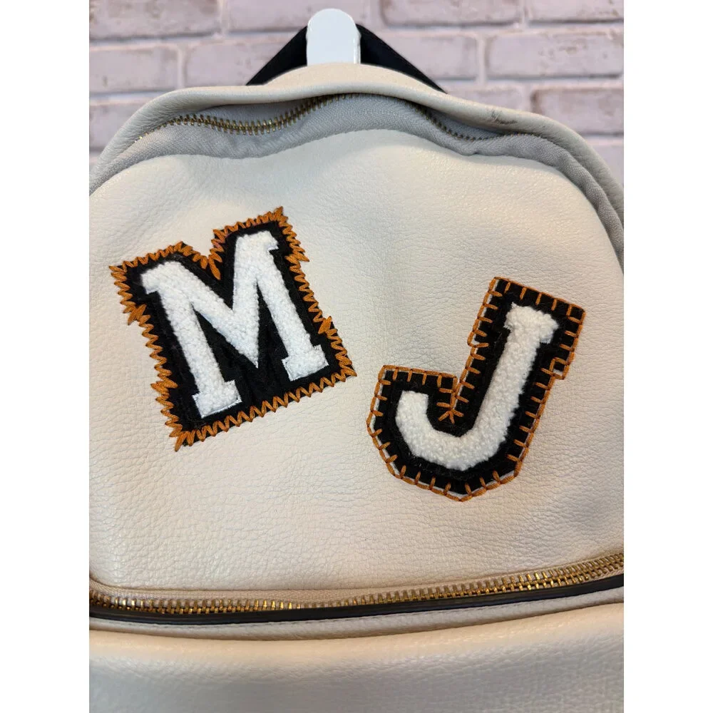 Marc Jacobs Cream Leather Varsity Backpack MJ Patch Gold Hardware